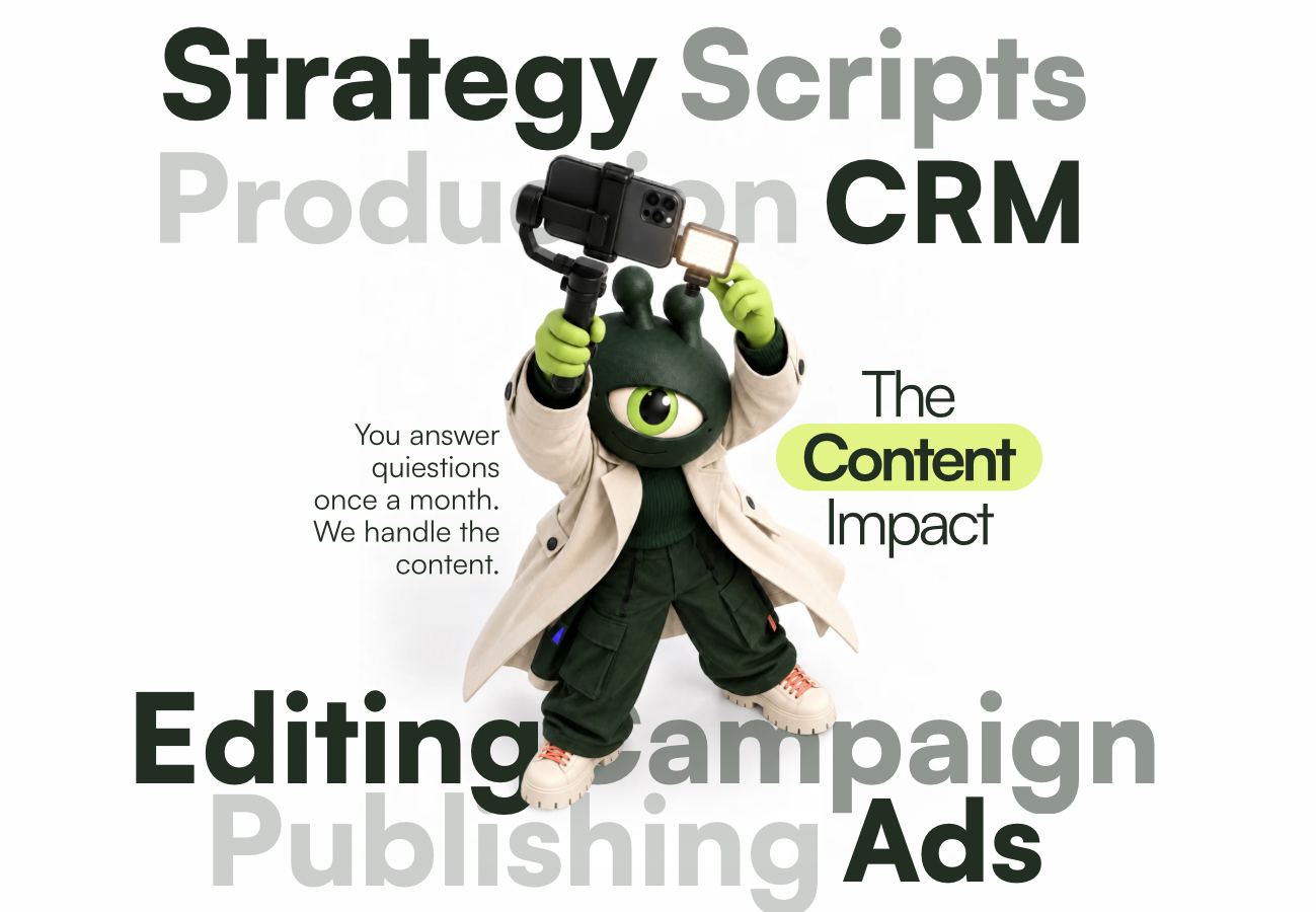 The Content Impact brings strategy, scripts, production, editing, publishing, CRM, campaigns and ads into one content system.